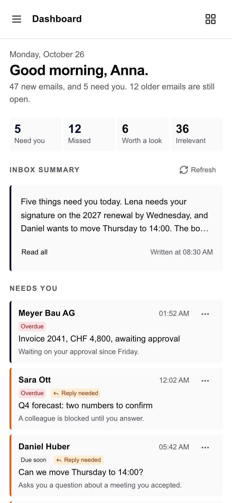 The Clarity dashboard on a phone: five emails need you, twelve missed, and the start of the inbox summary.